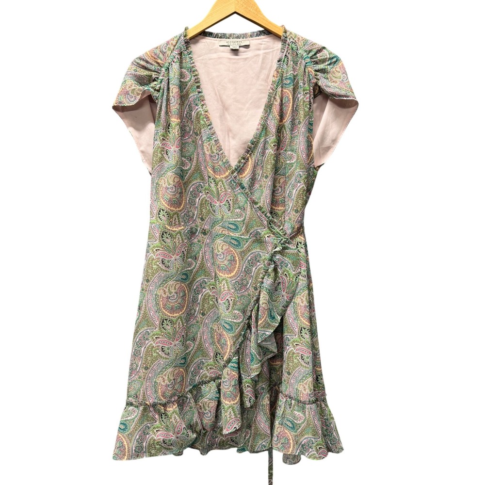 AllSaints Wrap Dress Womens 8 Zini Shahmina Dress Green Paisley Floral Ruffle